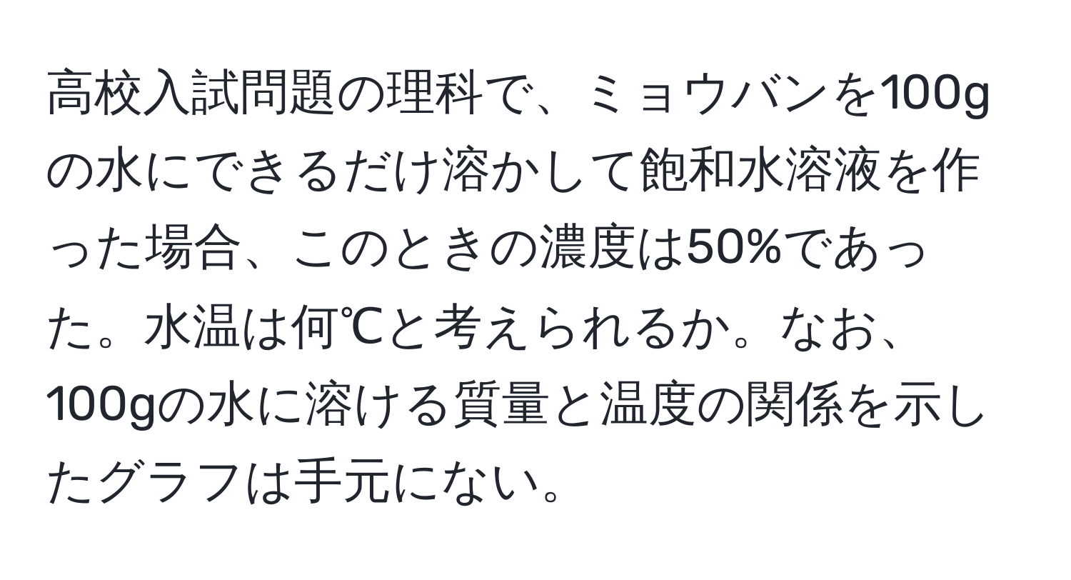 高校入試問題の理科で、ミョウバンを100gの水にできるだけ溶かして飽和水溶液を作った場合、このときの濃度は50%であった。水温は何℃と考えられるか。なお、100gの水に溶ける質量と温度の関係を示したグラフは手元にない。