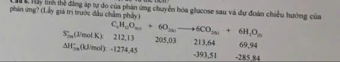 a 6. Hảy tỉnh thể đăng áp tự do của phản ứng chuyển hóa glucose sau và dự đoán chiều hướng của
phản ứng? (Lầy giá trị trước đầu chẩm phẩy)
S_(298)°(J/mol.K):212.1 C_6H_12O_6(r)+6O_2(k)to 6CO_2(k)+6H_2O_(l)
205,03 213,64 69,94
△ H_(299)°(kJ/mol):-1274,45
-393,51 -285,84