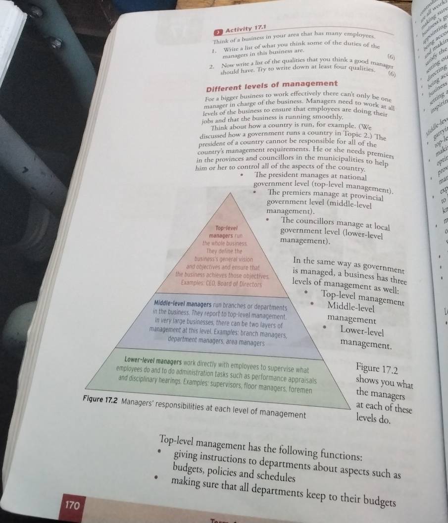 re all work  
Activity 17.1
sking sur appointing
managers in this business are.
being acce asinesss g
Think of a business in your area thar has many employees
arisfy the
(6)
nd maki
1. Write a list of what you think some of the duties of the
2. Now write a list of the qualities that you think a good manager
should have. Try to write down at least four qualities.
erring of
lirecting
(6)
Different levels of management
Seing ac
Ausiness
For a bigger business to work effectively there can't only be one etting .
manager in charge of the business. Managers need to work at all
inspirin
levels of the business to ensure that employees are doing their
jobs and that the business is running smoothly.
Think about how a country is run, for example. (We
discussed how a government runs a country in Topic 2.) The garryı Gdlelev
president of a country cannot be responsible for all of the top-le
maki
country's management requirements. He or she needs premiers
in the provinces and councillors in the municipalities to help optir
him or her to control all of the aspects of the country.
The president manages at national
prov
mar
government level (top-level management). exp
The premiers manage at provincial
government level (middle-level
management).
k
m
The councillors manage at local
Top-level
government level (lower-level
managers run
the whole business. management).
They define the
'
business's general vision In the same way as government
and objectives and ensure that
the business achieves those objectives
is managed, a business has three
Exampies: CEO, Board of Directors
levels of management as well:
Top-level management
Middle-level managers run branches or departments Middle-level
in the business. They report to top-level management. management
In very large businesses, there can be two layers of
Lower-level
management at this level. Examples: branch managers, management.
department managers, area managers
Lower-level managers work directly with employees to supervise what Figure 17.2
employees do and to do administration tasks such as performance appraisals shows you what
and disciplinary hearings. Examples: supervisors, floor managers, foremen at each of these
the managers
Figure 17.2 Managers' responsibilities at each level of management levels do.
Top-level management has the following functions:
giving instructions to departments about aspects such as
budgets, policies and schedules
making sure that all departments keep to their budgets
170