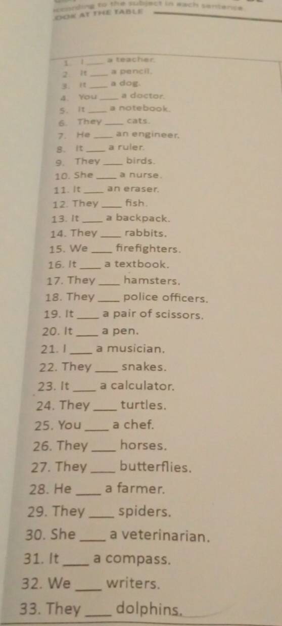 rcnding to the subject in each santence 
OOK AT THE TABLE 
1 1 _a teacher 
2. It _a pencil. 
3. It_ a dog. 
4. You _a doctor. 
5. It _a notebook. 
6. They_ cats. 
7. He _an engineer. 
8. It _a ruler. 
9. They _birds. 
10. She _a nurse. 
11. It _an eraser. 
12. They _fish. 
13. It_ a backpack. 
14. They_ rabbits. 
15. We _firefighters. 
16. It_ a textbook. 
17. They_ hamsters. 
18. They_ police officers. 
19. It_ a pair of scissors. 
20. It _a pen. 
21. I _a musician. 
22. They_ snakes. 
23. It_ a calculator. 
24. They_ turtles. 
25. You _a chef. 
26. They _horses. 
27. They _butterflies. 
28. He_ a farmer. 
29. They_ spiders. 
30. She _a veterinarian. 
31. It_ a compass. 
32. We _writers. 
33. They _dolphins,