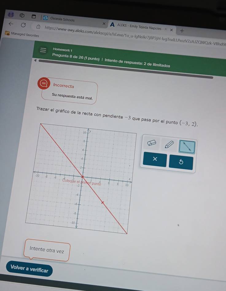Osceola Schools ALEKS - Emily Tejeda Napoles - H 
Managed favorites https://www-awy.aleks.com/alekscgi/x/Isl.exe/1o_u-lgNsIkr7j8P3jH-lvgTnxlLUhozV2zAJZQWQzk-VBhd9 
Homework 1 
a 
Pregunta 8 de 26 (1 punto) | Intento de respuesta: 2 de ilimitados 
Incorrecta 
Su respuesta está mal. 
Trazar el gráfico de la recta con pendiente −3 qu pasa por el punto (-3,2). 
× 
Intente otra vez 
Volver a verificar