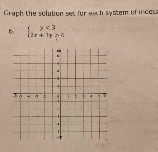 Graph the solution set for each system of inequa 
6. beginarrayl y<3 2x+3y>6endarray.