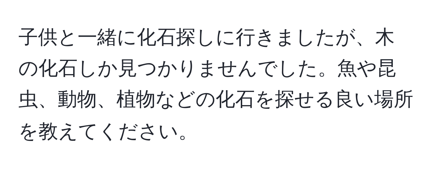 子供と一緒に化石探しに行きましたが、木の化石しか見つかりませんでした。魚や昆虫、動物、植物などの化石を探せる良い場所を教えてください。