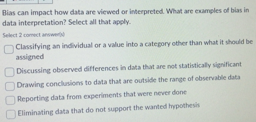 Solved: Bias can impact how data are viewed or interpreted. What are ...