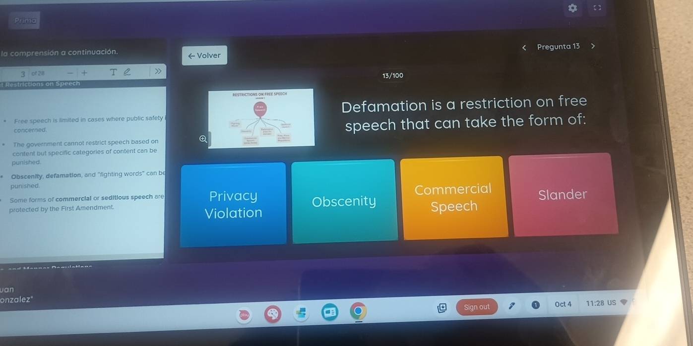Primo
la comprensión a continuación. Pregunta 13
← Volver
3 of 28 T 》
13/100
s tctions on Speech
Free speech is limited in cases where public safetyDefamation is a restriction on free
concerned.
speech that can take the form of:
The government cannot restrict speech based on 
content but specific categories of content can be
punished.
ObscenIty, defamation, and "fighting words” can be
punished.
Some forms of commercial or seditious speech are Privacy Commercial Slander
protected by the First Amendment. Obscenity Speech
Violation
van
onzalez" Oct 4 11:28 US
Sign out