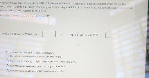 Consider the economy of Athenia. In 2018, Athenia has a GDP of $100 billion and a net national debt of $50 billion. Overt
next 5 years, Athenia experiences economic growth, increasing its GDP to $120 billion in 2023. During the same 5 year period.
the net national debt increases to $55 billion.
Calculate Athenia's debt ratio for 2018 and 2023.
Athenia's debt ratio in 2018 debt is %, Athenia's debt ratio in 2023 is
What causes the change in Athenia's debt ratio?
The Athenian government lowered the debt ceiling.
The economy grew by a higher percentage than the national debt.
The Athenian government defaulted on part of its debt.
The Athenian government increased its national debt.