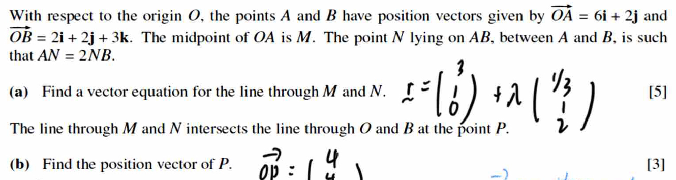 With respect to the origin O, the points A and B have position vectors given by vector OA=6i+2j and
vector OB=2i+2j+3k. The midpoint of OA is M. The point N lying on AB, between A and B, is such 
that AN=2NB. 
(a) Find a vector equation for the line through M and N. [5] 
The line through M and N intersects the line through O and B at the point P. 
(b) Find the position vector of P. [3]