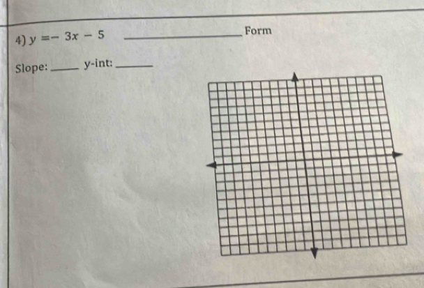 y=-3x-5 _ 
Form 
Slope: _ y -int:_