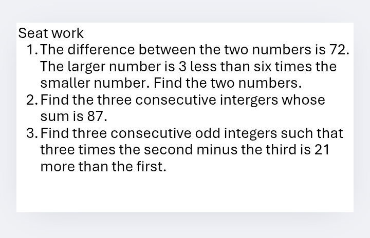 Solved: Seat work 1.The difference between the two numbers is 72. The ...
