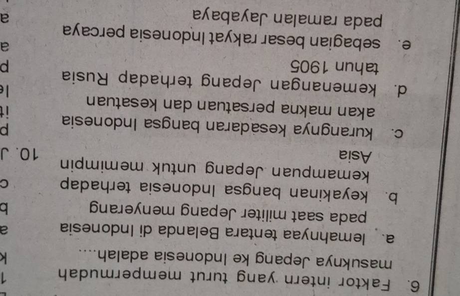 Faktor intern yang turut mempermudah 1
masuknya Jepang ke Indonesia adalah....
k
a. lemahnyaa tentara Belanda di Indonesia a
pada saat militer Jepang menyerang
b
b. keyakinan bangsa Indonesia terhadap C
kemampuan Jepang untuk memimpin
Asia 10. J
c. kurangnya kesadaran bangsa Indonesia
p
i t
akan makna persatuan dan kesatuan
le
d. kemenangan Jepang terhadap Rusia p
tahun 1905
a
e. sebagian besar rakyat Indonesia percaya
pada ramalan Jayabaya
a