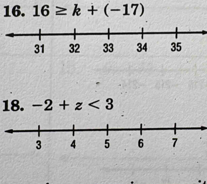 16≥ k+(-17)
18. -2+z<3</tex>