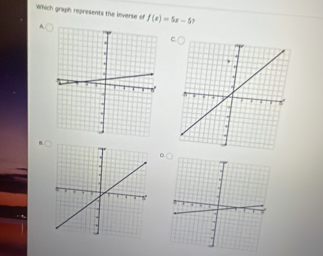 Which graph represents the inverse of f(x)=5x-5 ? 
A 
C 

D.