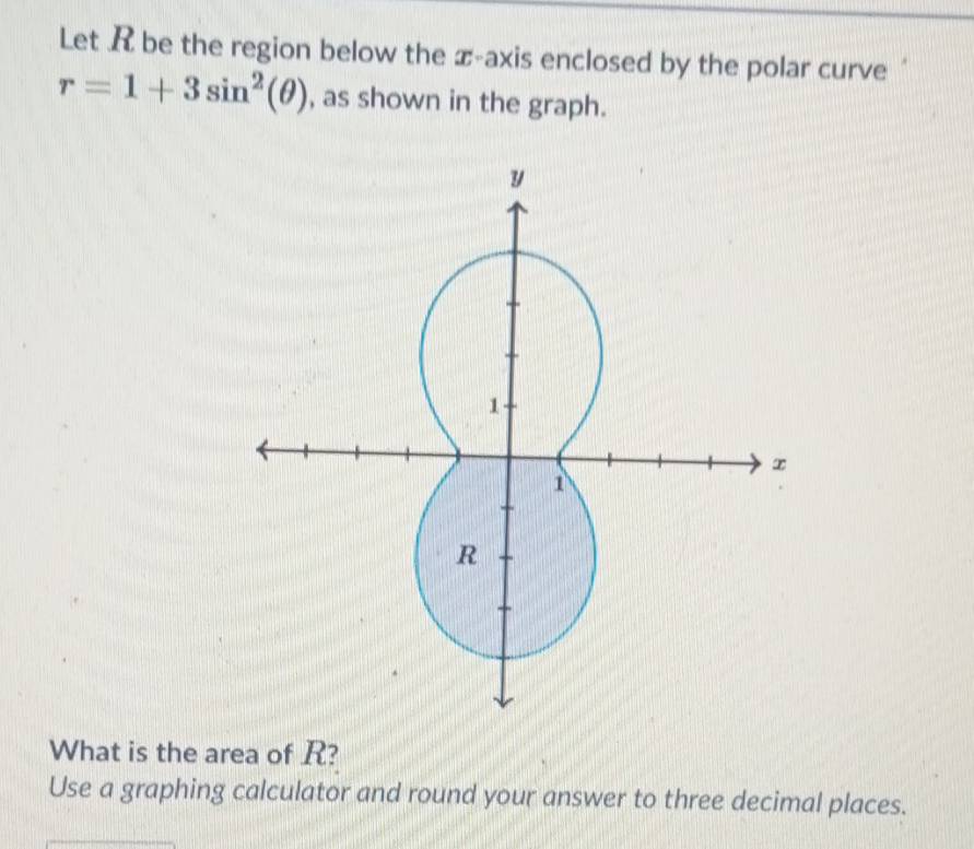 Let R be the region below the x-axis enclosed by the polar curve ‘
r=1+3sin^2(θ ) , as shown in the graph. 
What is the area of R? 
Use a graphing calculator and round your answer to three decimal places.