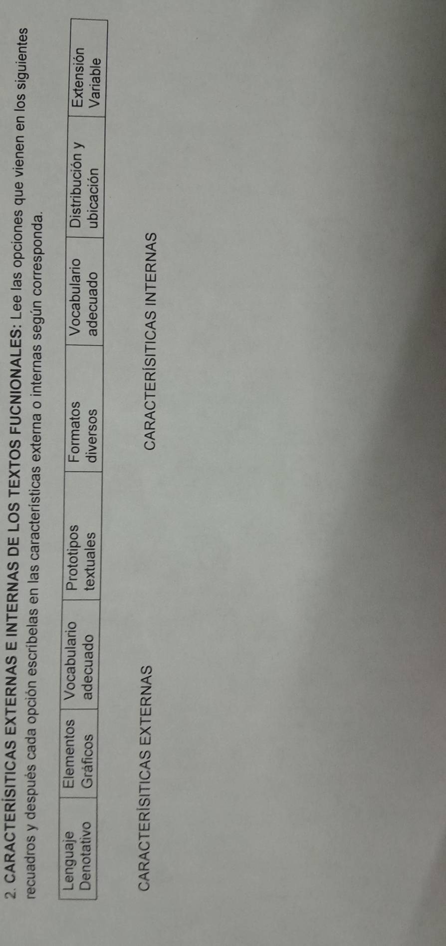 CARACTERÍSITICAS EXTERNAS E INTERNAS DE LOS TEXTOS FUCNIONALES: Lee las opciones que vienen en los siguientes 
recuadros y después cada opción escríbelas en las características externa o internas según corresponda. 
CARACTERÍSITICAS EXTERNAS CARACTERÍSITICAS INTERNAS