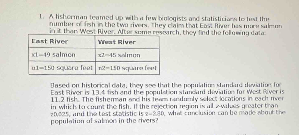 A fisherman teamed up with a few biologists and statisticians to test the
number of fish in the two rivers. They claim that East River has more salmon
in it than West River. After some research, they find the following data:
Based on historical data, they see that the population standard deviation for
East River is 13.4 fish and the population standard deviation for West River is
11.2 fish. The fisherman and his team randomly select locations in each river
in which to count the fish. If the rejection region is all z-values greater than
z0.025, and the test statistic is z=2.80 , what conclusion can be made about the
population of salmon in the rivers?