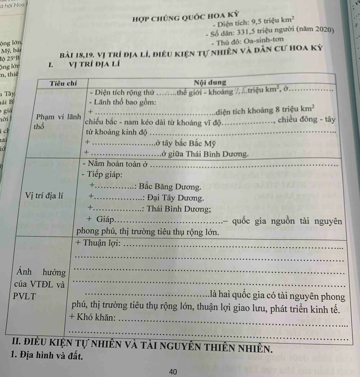 ta hội Hoa
hợp chúng quốc hoa kỳ
- Diện tích: 9,5 triệu km^2
X
- Số dân: 331,5 triệu người (năm 2020)
ộng lớn,
- Thủ đô: Oa-sinh-tơn
Mỹ, bár
lộ 25°B
bài 18,19. Vị trí địa lí, điêu kiện tự nhiên và dân cư hoa kỳ
ộng lớ Vị tRí địa lí
n, thi
1 Tây,
hái Bì
giá
nời l
i ch
hai
iớ
P
Ihiên nhiên.
1. Địa hình và đất.
40