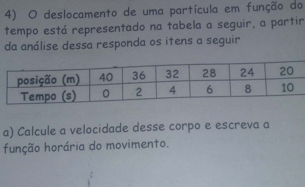 deslocamento de uma partícula em função do 
tempo está representado na tabela a seguir, a partir 
da análise dessa responda os itens a seguir 
a) Calcule a velocidade desse corpo e escreva a 
função horária do movimento.