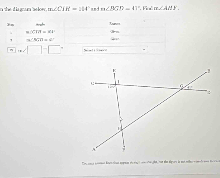 the diagram below, m∠ CIH=104° and m∠ BGD=41°. Find m∠ AHF.
Step Angle Reason
1 m∠ CIH=104°
Given
2 m∠ BGD=41°
Given
try m∠ □ =□° Select a Reason
You may assume lines that appear straight are straight, but the figure is not otherwise drawn to scale