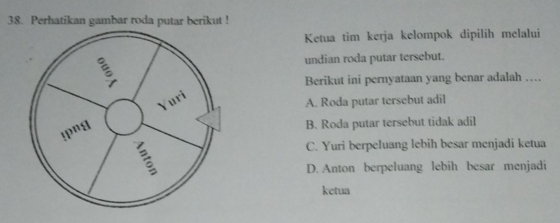 Perhatikan gambar roda putar berikut !
Ketua tim kerja kelompok dipilih melalui
undian roda putar tersebut.
Berikut ini pernyataan yang benar adalah …
A. Roda putar tersebut adil
B. Roda putar tersebut tidak adil
C. Yuri berpeluang lebih besar menjadi ketua
D. Anton berpeluang lebih besar menjadi
ketua