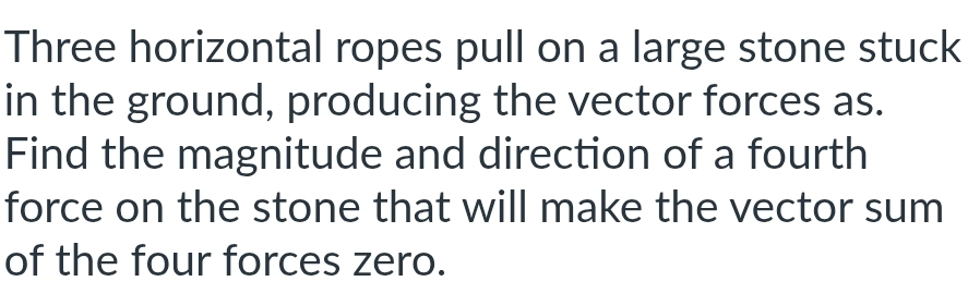 Three horizontal ropes pull on a large stone stuck 
in the ground, producing the vector forces as. 
Find the magnitude and direction of a fourth 
force on the stone that will make the vector sum 
of the four forces zero.