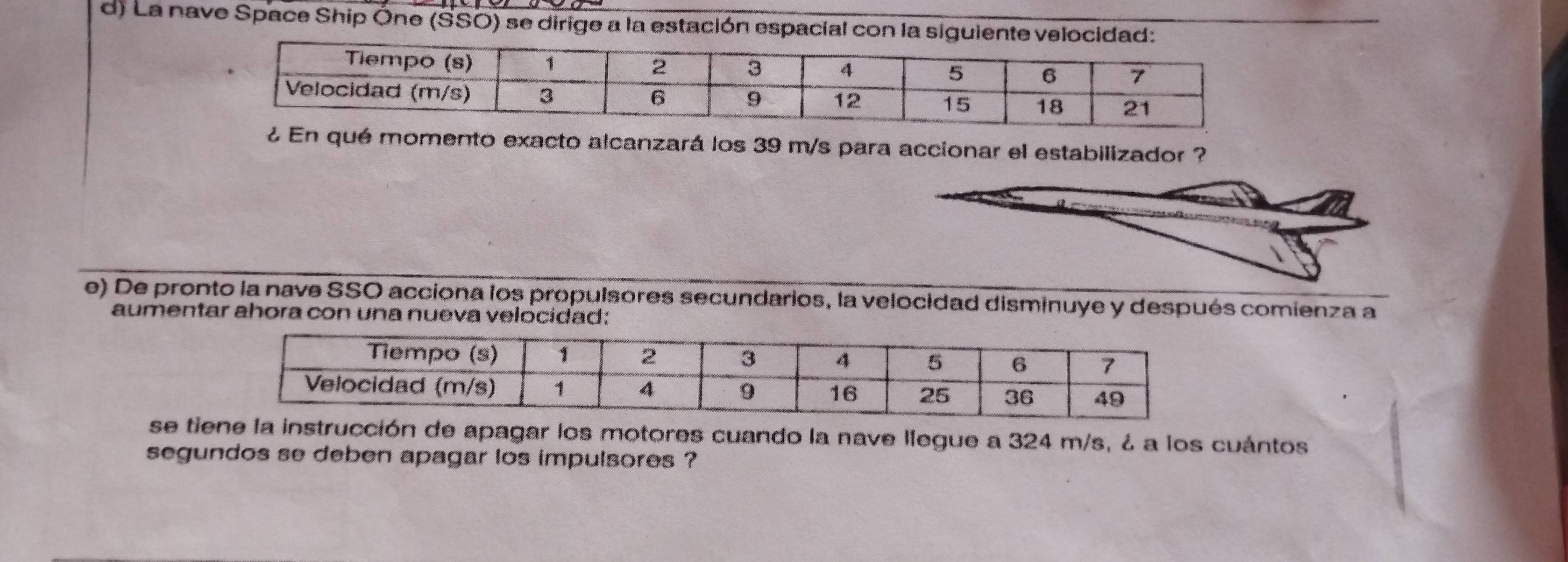 La nave Space Ship Óne (SSO) se dirige a la estación espacial con la siguiente velocidad: 
En qué momento exacto alcanzará los 39 m/s para accionar el estabilizador ? 
e) De pronto la nave SSO acciona los propulsores secundarios, la velocidad disminuye y después comienza a 
aumentar ahora con una nueva velocidad: 
se ti apagar los motores cuando la nave llegue a 324 m/s, ¿ a los cuántos 
segundos se deben apagar los impulsores ?