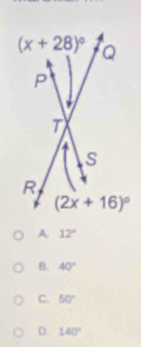 A. 12°
B. 40°
C. 50°
D. 140°