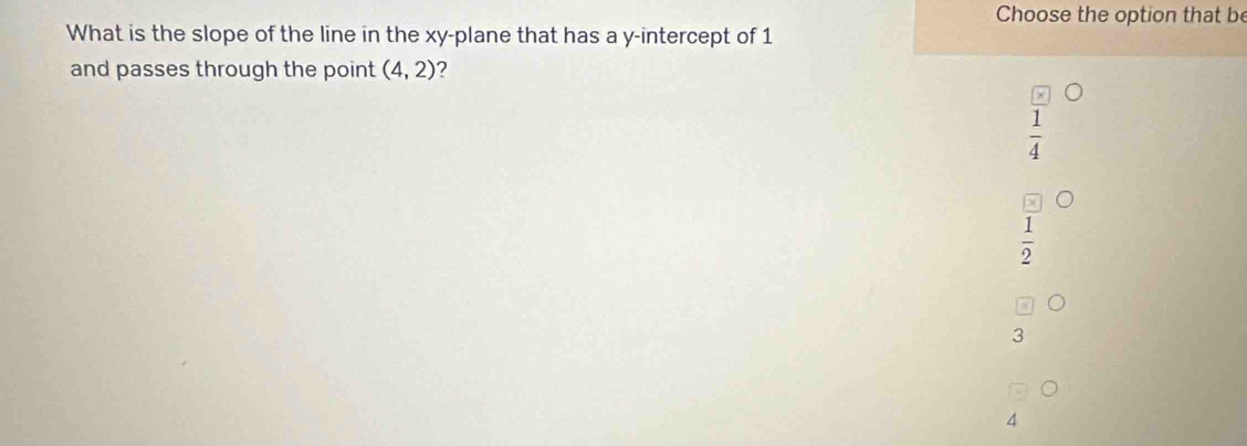 Choose the option that be
What is the slope of the line in the xy -plane that has a y-intercept of 1
and passes through the point (4,2) ?
 1/4 
 1/2 
3
4