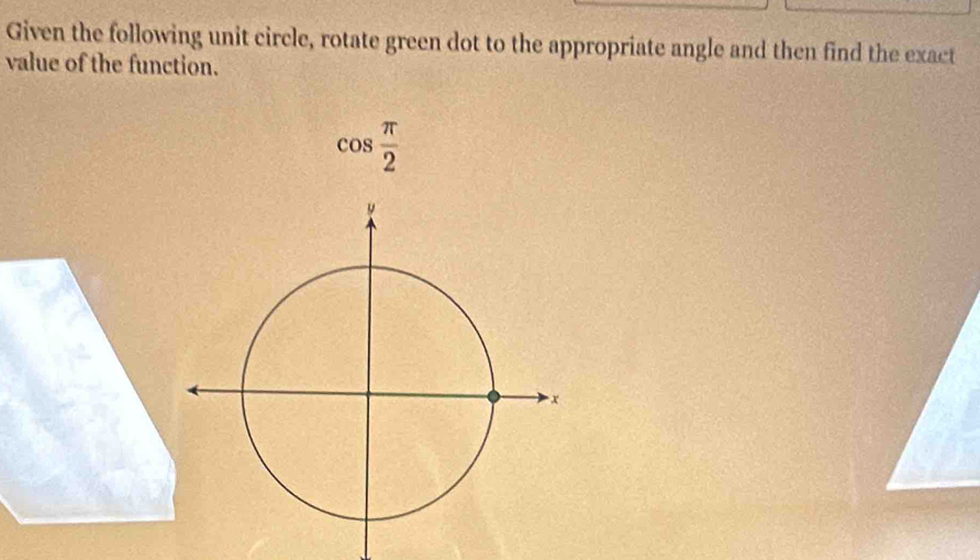 Given the following unit circle, rotate green dot to the appropriate angle and then find the exact 
value of the function.
cos  π /2 