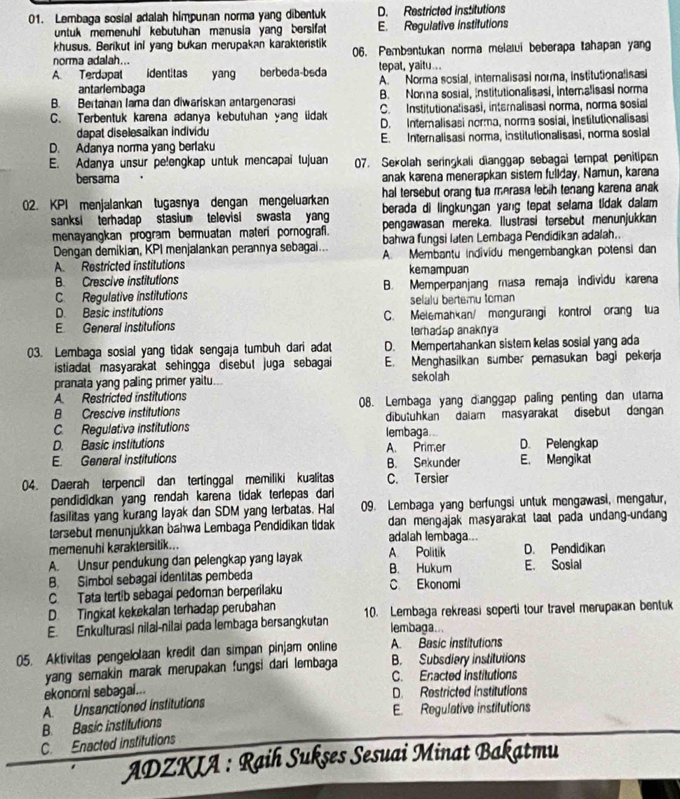 Lembaga sosial adalah himpunan norma yang dibentuk D. Restricted institutions
untuk memenühi kebutuhan manusia yang bersifat E. Regulative institutions
khusus. Berikut ini yang bukan merupakan karakteristik
norma adalah... 06. Pembentukan norma melalui beberapa tahapan yang
A Terdapat identitas yang berbeda-bsda tepat, yaitu...
a antarlembaga A. Norma sosial, internalisasi norma, institutionalisasi
B. Bertanan lama dan diwariskan antargenerasi B. Norma sosial, institutionalisasi, internalisasi norma
C. Institutionalisasi, internalisasi norma, norma sosial
C. Terbentuk karena adanya kebutuhan yang lidak D. Internalisasi norma, norma sosial, Institutionalisasi
dapat diselesaikan individu
D. Adanya norma yang berlaku E. Internalisasi norma, institutionalisasi, norma sosial
E. Adanya unsur pe!engkap untuk mencapai tujuan 07. Sekolah seringkali dianggap sebagai tempat penitipan
bersama anak karena menerapkan sistem fullday. Namun, karena
hal tersebut orang tua merasa lebih tenang karena anak 
02. KPI menjalankan tugasnya dengan mengeluarkan berada di lingkungan yang tepat selama tidak dalam 
sanksi terhadap stasium televisi swasta yang pengawasan mereka. Ilustrasi tersebut menunjukkan
menayangkan program bermuatan materi pornograf. bahwa fungsi laten Lembaga Pendidikan adalah..
Dengan demikian, KPI menjalankan perannya sebagai...
A Restricted institutions A. Membantu individu mengembangkan potensi dan
kemampuan
B Crescive institutions
C Regulative institutions B. Memperpanjang masa remaja individu karena
selalu bertemu toman
D. Basic institutions
E General institutions C. Melemahkan/ mengurangi kontrol orang tua
terhadap anaknya
03. Lembaga sosial yang tidak sengaja tumbuh dari adat D. Mempertahankan sistem kelas sosial yang ada
istiadat masyarakat sehingga disebut juga sebagai E. Menghasilkan sumber pemasukan bagi pekerja
pranata yang paling primer yaitu.. sekolah
A. Restricted institutions
B Crescive institutions 08. Lembaga yang dianggap paling penting dan utama
C. Regulativa institutions dibutuhkan dalam masyarakat disebut dengan
lembaga
D. Basic institutions A. Primer D. Pelengkap
E. General institutions B. Sekunder E. Mengikat
04. Daerah terpencil dan tertinggal memiliki kualitas C. Tersier
pendididkan yang rendah karena tidak terlepas dari
fasilitas yang kurang layak dan SDM yang terbatas. Hal 09. Lembaga yang berfungsi untuk mengawasi, mengatur,
dan mengajak masyarakat laat pada undang-undang
tersebut menunjukkan bahwa Lembaga Pendidikan tidak adalah lembaga...
memenuhi karaklersitik...
A. Unsur pendukung dan pelengkap yang layak A Politik D. Pendidikan
B. Hukum E. Sosial
B. Simbol sebagal identitas pembeda C Ekonomi
C Tata tertib sebagai pedoman berperilaku
D. Tingkat kekekalan terhadap perubahan
E. Enkulturasi nilal-nilai pada lembaga bersangkutan 10. Lembaga rekreasi seperti tour travel merupakan bentuk
lembaga.
05. Aktivitas pengelolaan kredit dan simpan pinjam online A. Basic institutions
yang semakin marak merupakan fungsi dari lembaga B. Subsdiary institutions
C. Enacted institutions
ekonomi sebagai... D. Restricted institutions
A. Unsanctioned institutions
E. Regulative institutions
B. Basic institutions
C. Enacted institutions
ADZKIA : Raih Sukşes Sesuai Minat Bakatmu