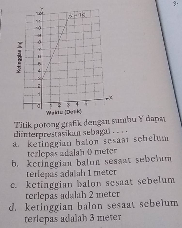 Titik potong grafik dengaumbu Y dapat
diinterprestasikan sebagai . . . .
a. ketinggian balon sesaat sebelum
terlepas adalah 0 meter
b. ketinggian balon sesaat sebelum
terlepas adalah 1 meter
c. ketinggian balon sesaat sebelum
terlepas adalah 2 meter
d. ketinggian balon sesaat sebelum
terlepas adalah 3 meter