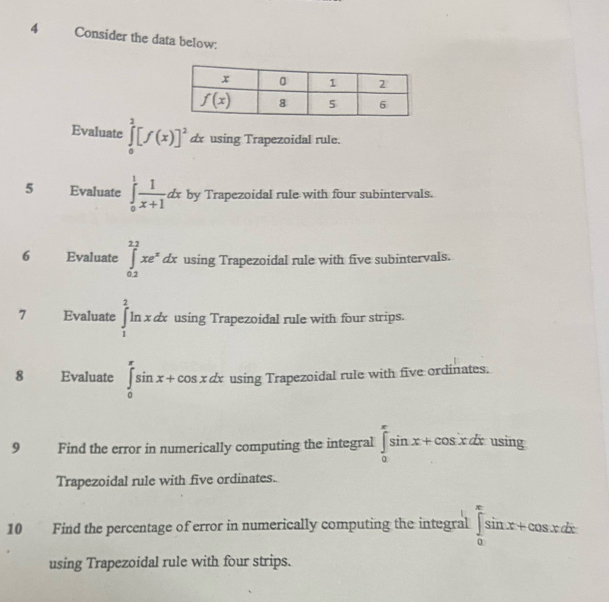 Consider the data below:
Evaluate ∈tlimits _0^(2[f(x)]^2)dx using Trapezoidal rule.
5 Evaluate ∈tlimits _0^(1frac 1)x+1dx by Trapezoidal rule with four subintervals.
6       Evaluate ∈tlimits _(0.2)^(2.2)xe^xdx using Trapezoidal rule with five subintervals.
7       Evaluate ∈tlimits _1^2ln xdx using Trapezoidal rule with four strips.
8 Evaluate ∈tlimits _0^(π)sin x+cos xdx using Trapezoidal rule with five ordinates.
9 Find the error in numerically computing the integral ∈tlimits _0^(π)sin x+cos xdx using
Trapezoidal rule with five ordinates.
10 Find the percentage of error in numerically computing the integral ∈tlimits _0^(π)sin x+cos xdx
using Trapezoidal rule with four strips.