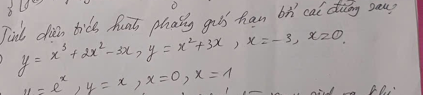 Tint dien tide hat phaig guii han bì cai diéng sau?
y=x^3+2x^2-3x, y=x^2+3x, x=-3, x=0
u=e^x, y=x, x=0, x=1
D,