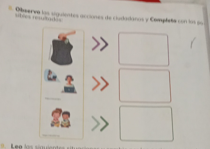 Observo las siguientes acciones de ciudadanos y Completo con los p 
sibles resultades: 
Leo las siguientes situ asie