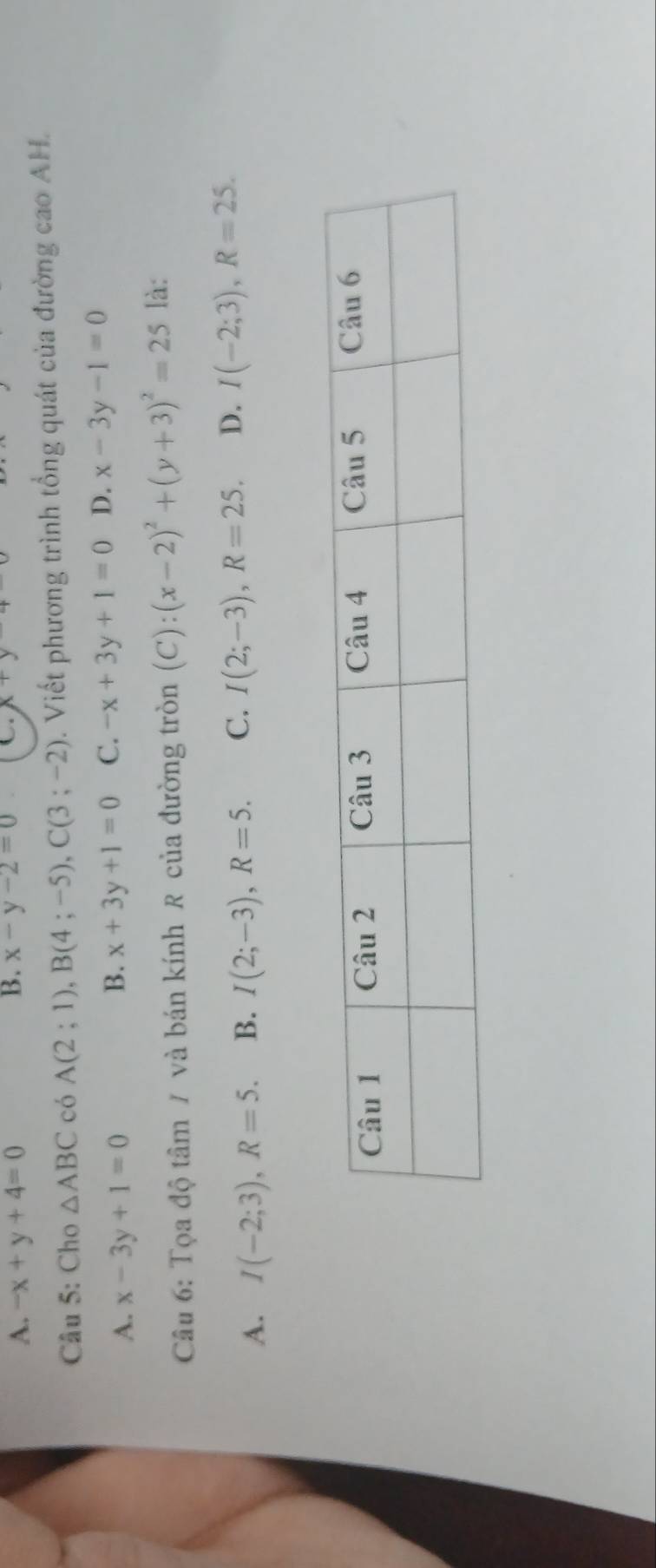 A. -x+y+4=0 B. x-y-2=0
Câu 5: Cho △ ABC có A(2;1), B(4;-5), C(3;-2). Viết phương trình tổng quát của đường cao AH.
A. x-3y+1=0
B. x+3y+1=0 C. -x+3y+1=0 D. x-3y-1=0
Câu 6: Tọa độ tâm / và bán kính R của đường tròn (C):(x-2)^2+(y+3)^2=25 là:
A. I(-2;3), R=5. B. I(2;-3), R=5. C. I(2;-3), R=25. D. I(-2;3), R=25.