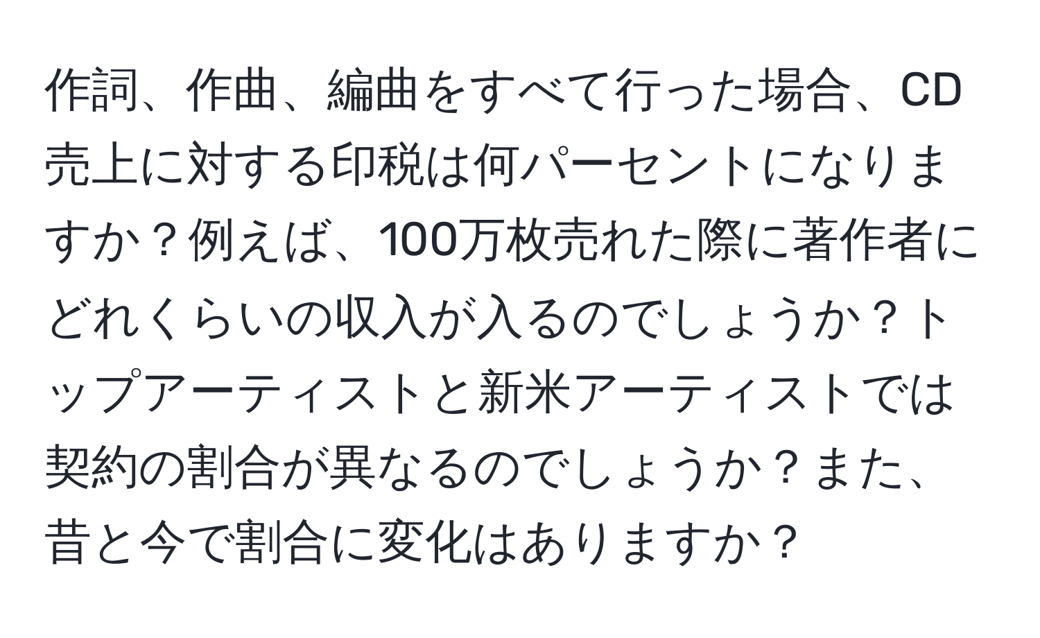 作詞、作曲、編曲をすべて行った場合、CD売上に対する印税は何パーセントになりますか？例えば、100万枚売れた際に著作者にどれくらいの収入が入るのでしょうか？トップアーティストと新米アーティストでは契約の割合が異なるのでしょうか？また、昔と今で割合に変化はありますか？