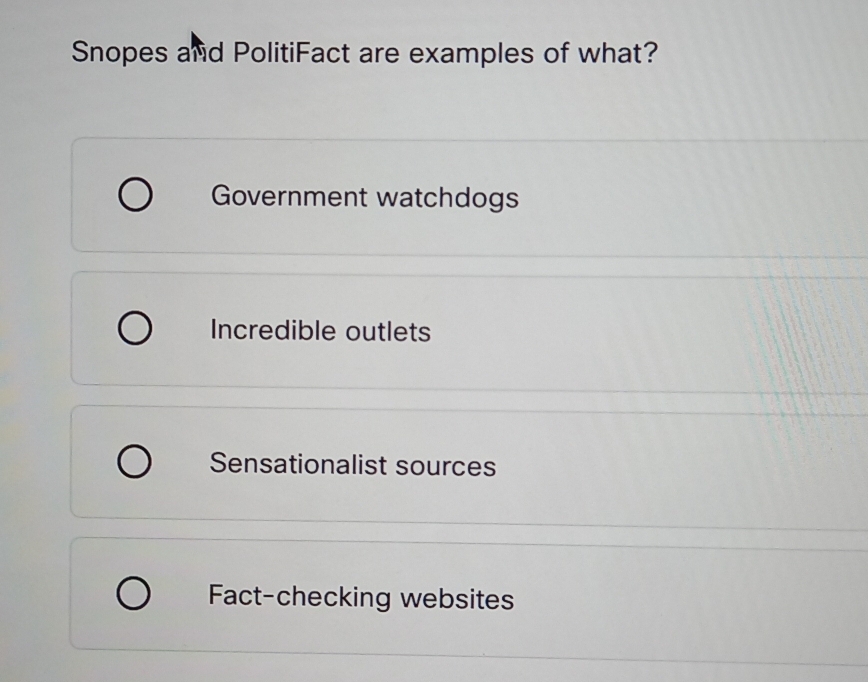 Solved: Snopes and PolitiFact are examples of what? Government ...