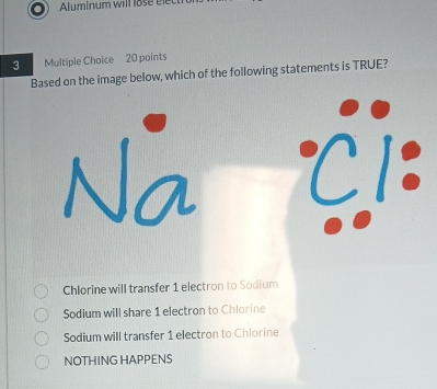 Aluminum will lose ele
3 Multiple Choice 20 points
Based on the image below, which of the following statements is TRUE?
℃l:
Chlorine will transfer 1 electron to Sodium
Sodium will share 1 electron to Chlorine
Sodium will transfer 1 electron to Chiorine
NOTHING HAPPENS