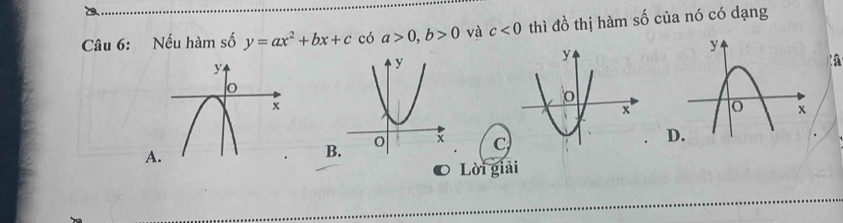 Nếu hàm số y=ax^2+bx+c có a>0, b>0 và c<0</tex> thì đồ thị hàm số của nó có dạng 
: â
C
A. 
Lời giải 
_