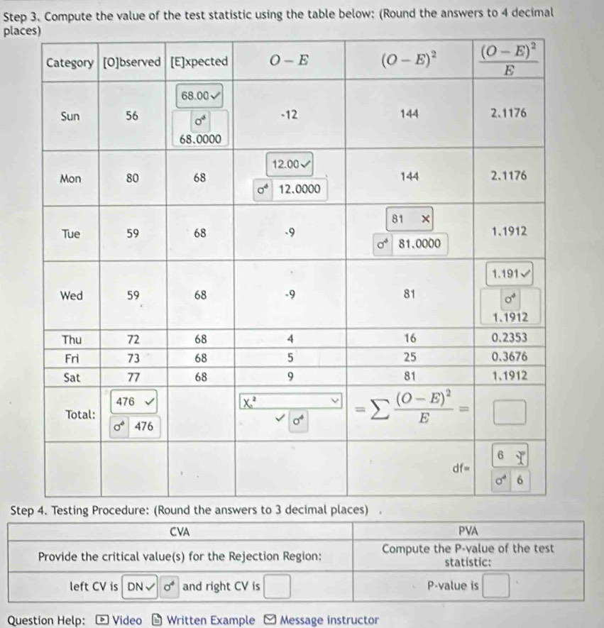 Compute the value of the test statistic using the table below: (Round the answers to 4 decimal
plac
Ste
CVA PVA
Provide the critical value(s) for the Rejection Region: Compute the P-value of the test
statistic:
left CV is DNsurd sigma^4 and right CV is □ P-value is □
Question Help： - Video - Written Example - Message instructor