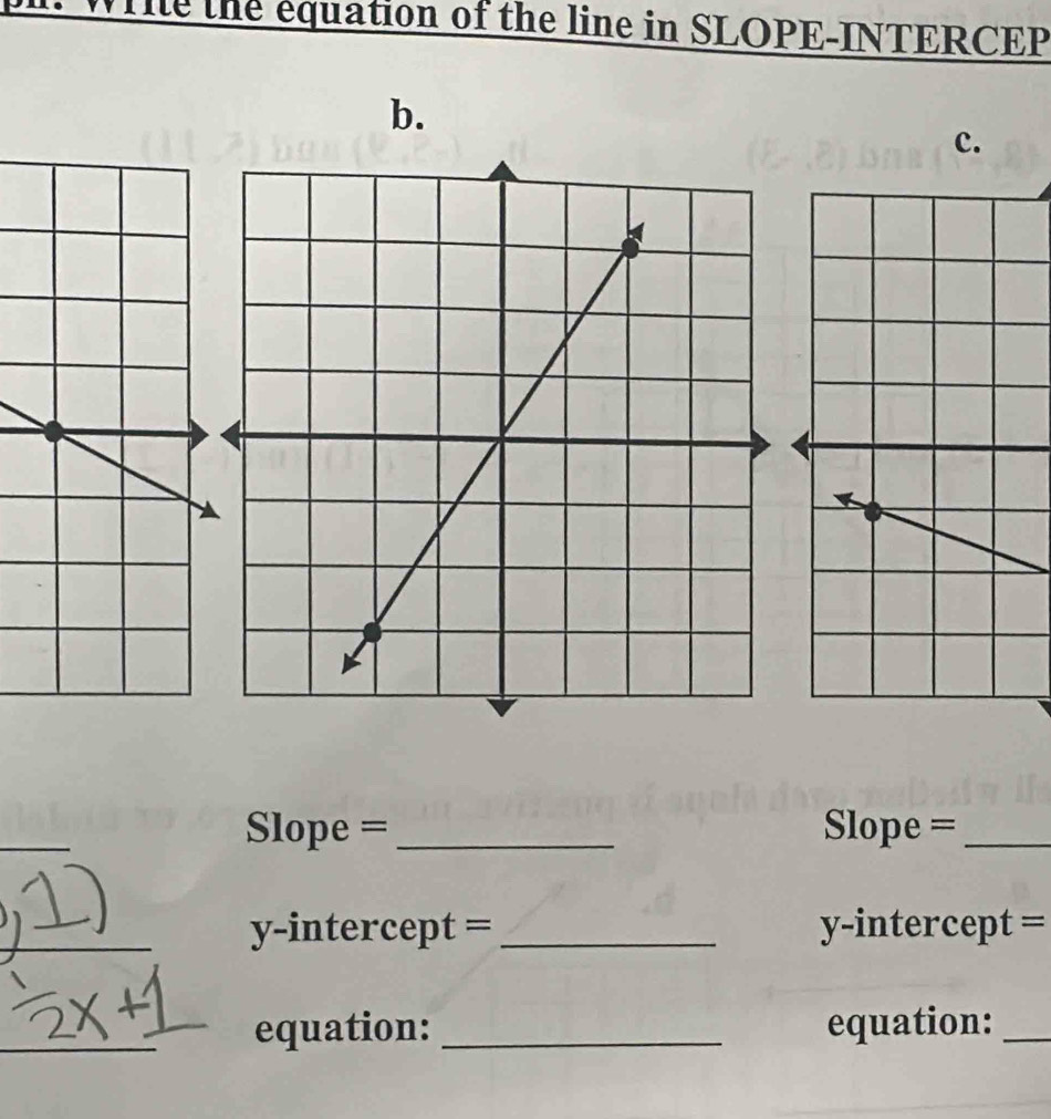 Wile the equation of the line in SLOPE-INTERCEP 
b. 
c. 
_ 
Slope = _Slope =_ 
y-intercept =_ y-intercept = 
equation: _equation:_