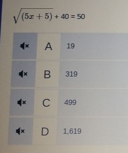 sqrt((5x+5))+40=50