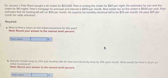 On January 1, Pete Rowe bought a ski chalet for $53,500. Pete is renting the chalet for $60 per night. He estimates he can rent the 
chalet for 180 nights. Pete's mortgage for principal and interest is $453 per month. Real estate tax on the chalet is $550 per year. Pete 
month for cable television. estimates that his heating bill will run $50 per month. He expects his monthly electrical bill to be $25 per month. He pays $10 per 
Required: 
a. What is Pete's return on the initial investment for this year? 
Note: Round your answer to the nearest tenth percent. 
Pete's return %
b. Assume rentals drop by 25% and monthly bills for heat and electricity drop by 10% each month. What would be Pete's return on 
initial investment? 
Note: Round your answer to the nearest tenth percent. 
Pete's return %