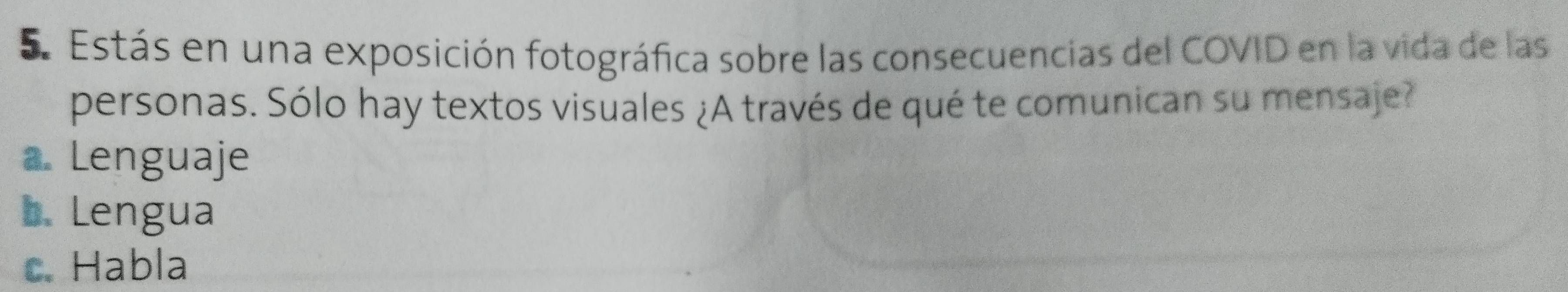 Estás en una exposición fotográfica sobre las consecuencias del COVID en la vida de las
personas. Sólo hay textos visuales ¿A través de qué te comunican su mensaje?
a. Lenguaje
b. Lengua
c. Habla