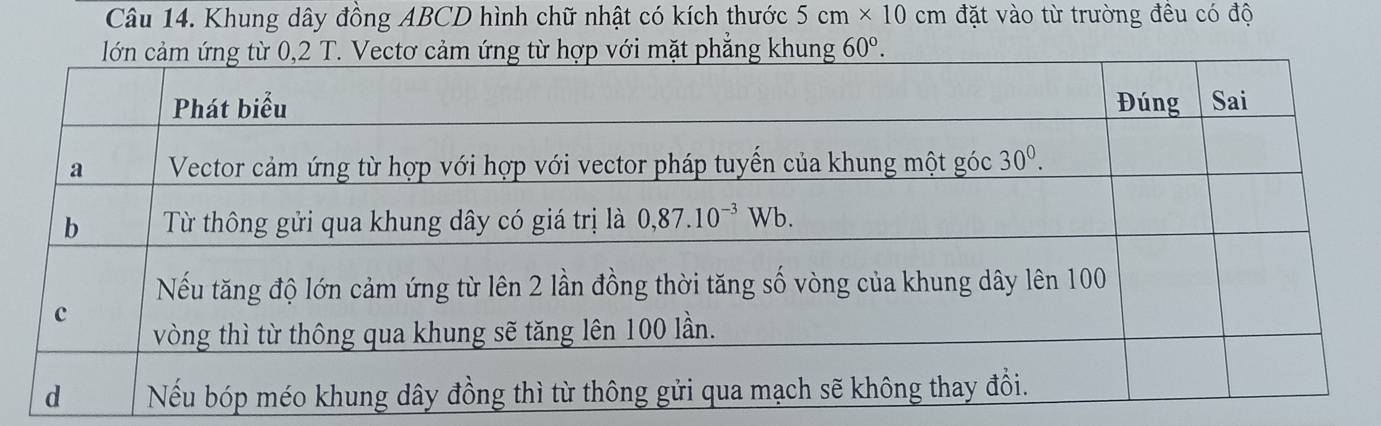 Khung dây đồng ABCD hình chữ nhật có kích thước 5cm* 10cm đặt vào từ trường đều có độ