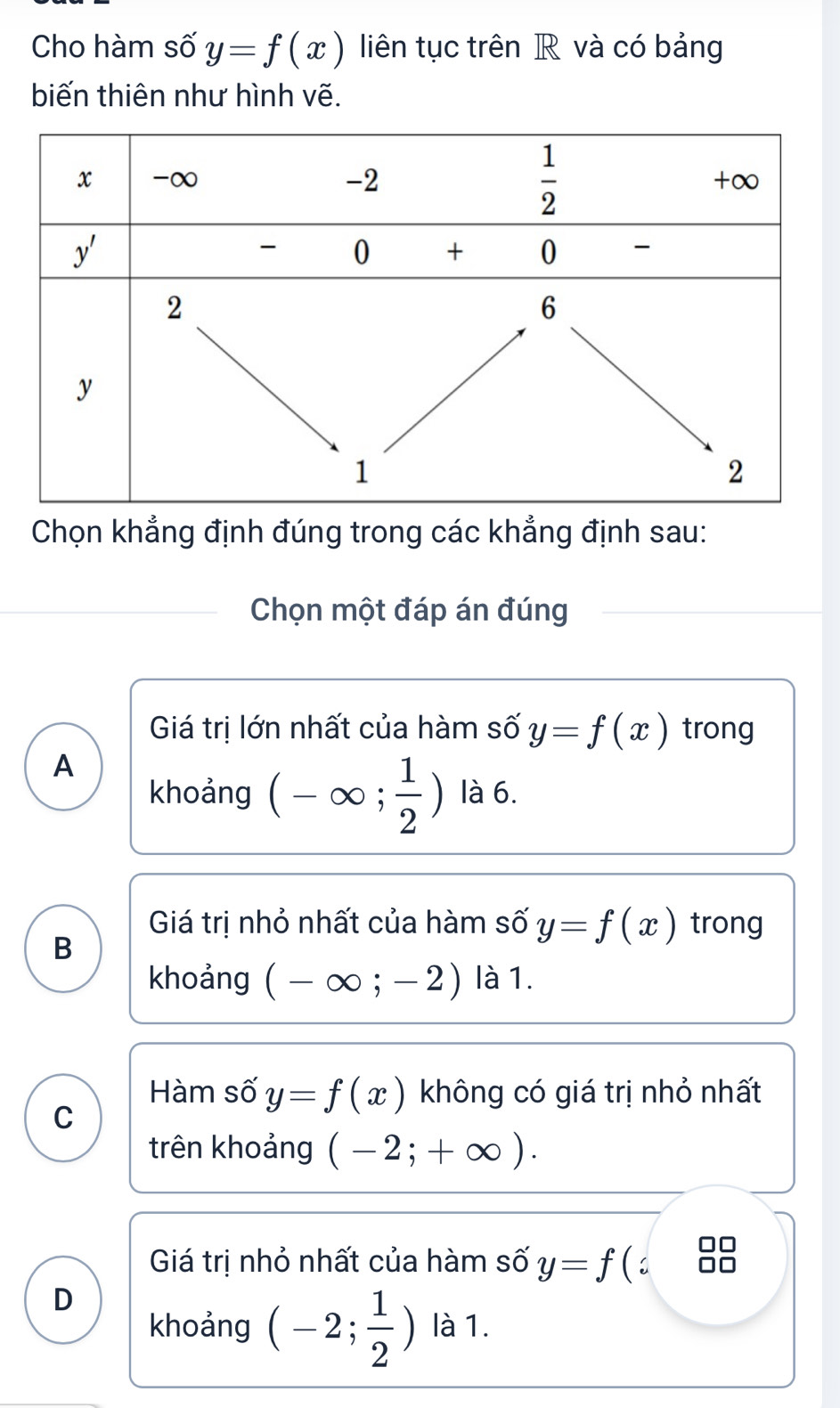 Cho hàm số y=f(x) liên tục trên R và có bảng
biến thiên như hình vẽ.
Chọn khẳng định đúng trong các khẳng định sau:
Chọn một đáp án đúng
Giá trị lớn nhất của hàm số y=f(x) trong
A
khoảng (-∈fty ; 1/2 ) là 6.
B
Giá trị nhỏ nhất của hàm số y=f(x) trong
khoảng (-∈fty ;-2) là 1.
Hàm số y=f(x) không có giá trị nhỏ nhất
C
trên khoảng (-2;+∈fty ).
Giá trị nhỏ nhất của hàm số y=f( □□
□□
D
khoảng (-2; 1/2 ) là 1.