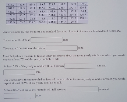 Using technology, find the mean and standard deviation. Round to the nearest hundredth, if necessary. 
The mean of the data is 
The standard deviation of the data is 
Use Chebyshev's theorem to find an interval centered about the mean yearly rainfalls in which you would 
expect at least 75% of the yearly rainfalls to fall. 
At least 75% of the yearly rainfalls will fall between mm and
mm. 
Use Chebyshev's theorem to find an interval centered about the mean yearly rainfalls in which you would 
expect at least 88.9% of the yearly rainfalls to fall. 
At least 88.9% of the yearly rainfalls will fall between mm and
m m