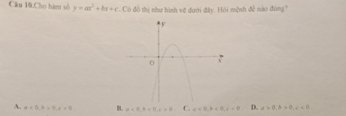 Câu 10.Cho hàm số y=ax^2+bx+c. Có đồ thị như hình vẽ dưới đây. Hỏi mệnh de^(frac 1)e nào đúng?
A. a<0</tex>, b>0, c<0</tex>. B. a<0</tex>, b<0</tex>, c>0. C. a<0</tex>, b<0</tex>, c<0</tex> D. a>0. b>0. c<0</tex>.