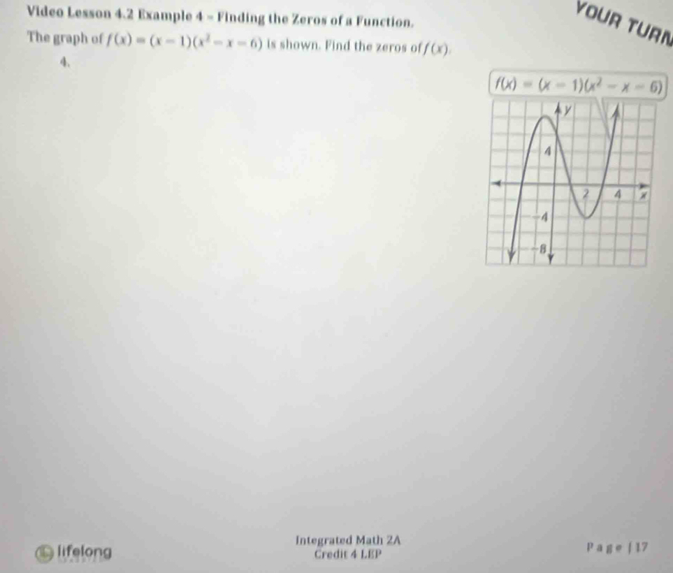 Video Lesson 4.2 Example 4 - Finding the Zeros of a Function.
YOUR TUR
The graph of f(x)=(x-1)(x^2-x-6) is shown. Find the zeros of f(x). 
4.
f(x)=(x-1)(x^2-x-6)
Integrated Math 2A
lifelong Credit 4 LEP Pa ge | 17