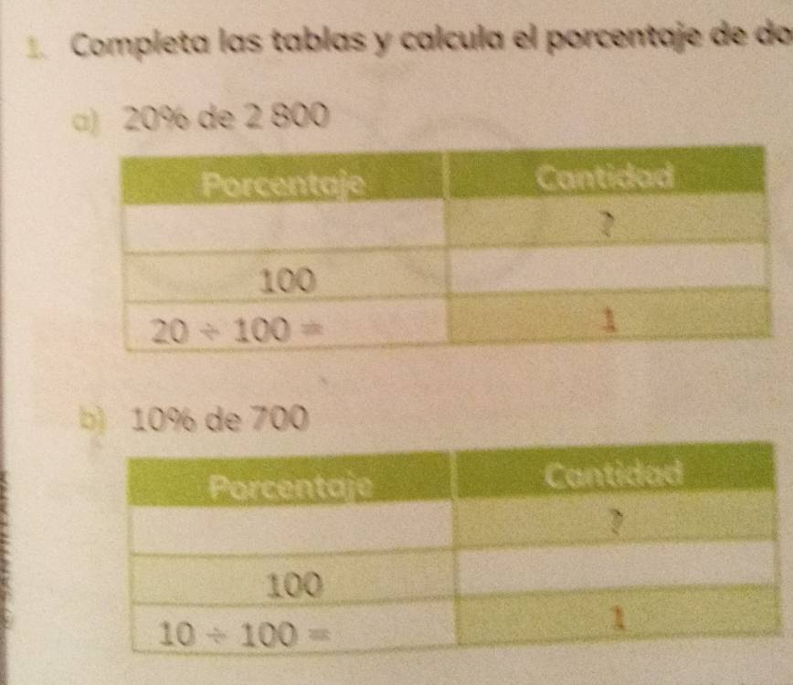 Completa las tablas y calcula el porcentaje de do
() 20% de 2 800
b 10% de 700