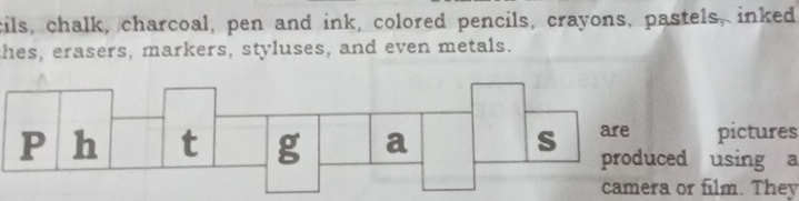 cils, chalk, charcoal, pen and ink, colored pencils, crayons, pastels, inked 
thes, erasers, markers, styluses, and even metals. 
pictures 
produced using a 
camera or film. They